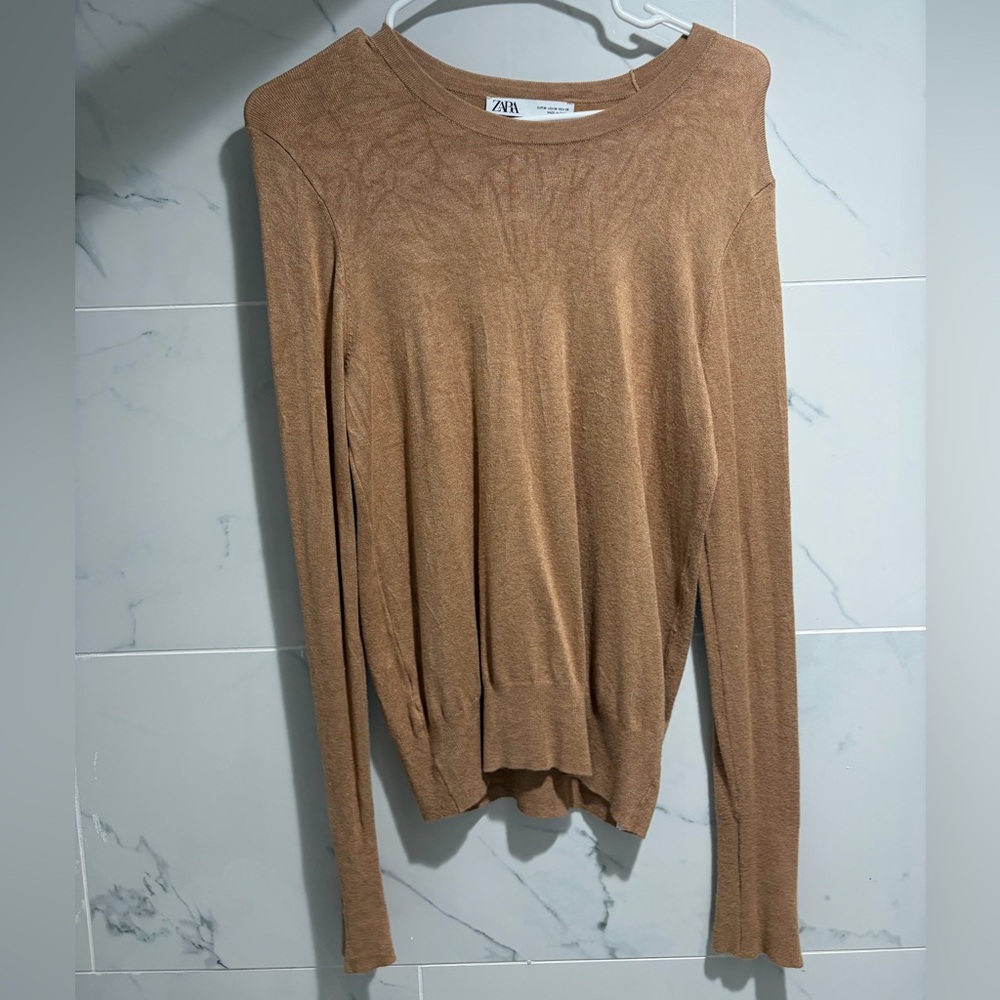 ZARA Women's Camel Long-Sleeve Crewneck Sweater Gold Buttons